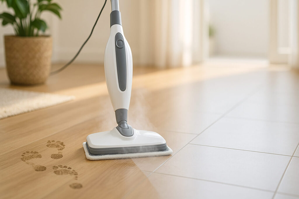 Steam mop cleaning a bright tiled floor