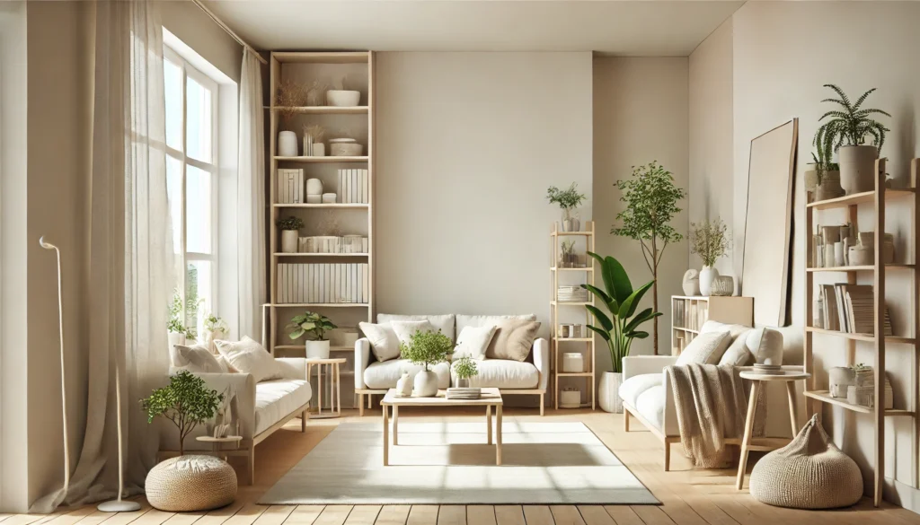 Bright modern living room with a neutral sofa, open shelves and natural light