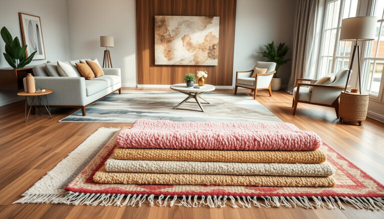 Living room with sofa and coffee table anchored by area rug, with varied rug samples in natural light