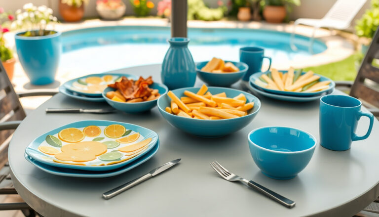 Colorful melamine dinnerware sets arranged on a sunny outdoor patio table for summer dining.