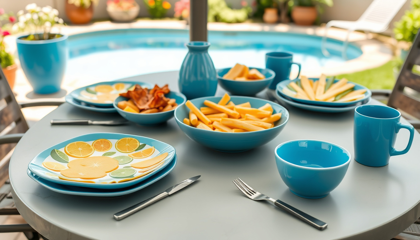 Colorful melamine dinnerware sets arranged on a sunny outdoor patio table for summer dining.