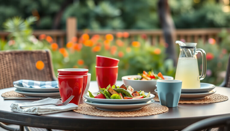 Outdoor patio table set with colorful reusable dinnerware for a backyard meal