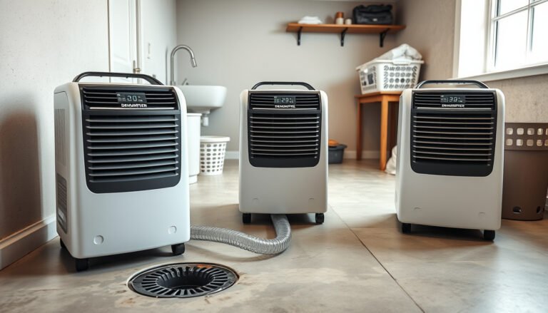 Three dehumidifiers with auto drain hoses in a clean basement laundry room