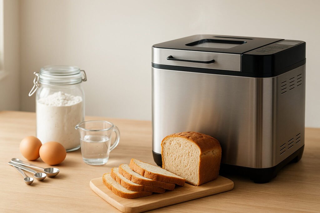 Stainless steel bread maker on a kitchen counter with fresh bread, flour and eggs