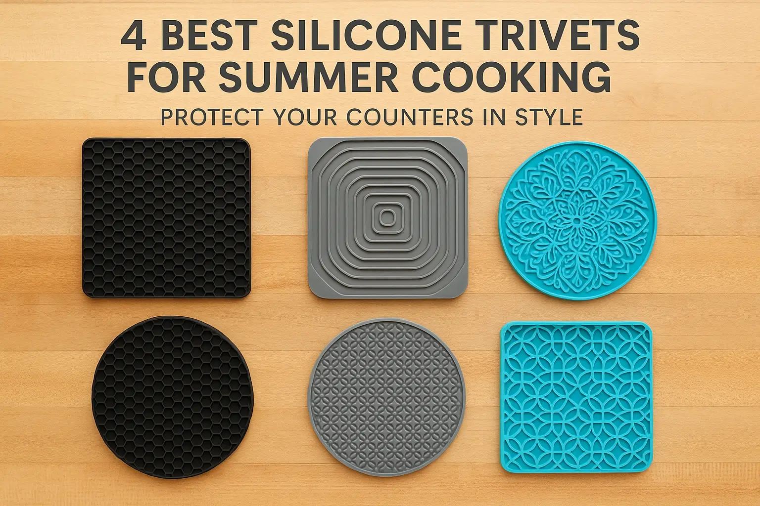 A colorful flat lay of heat-resistant silicone trivets in round and square shapes on a wooden kitchen counter, perfect for summer cooking.