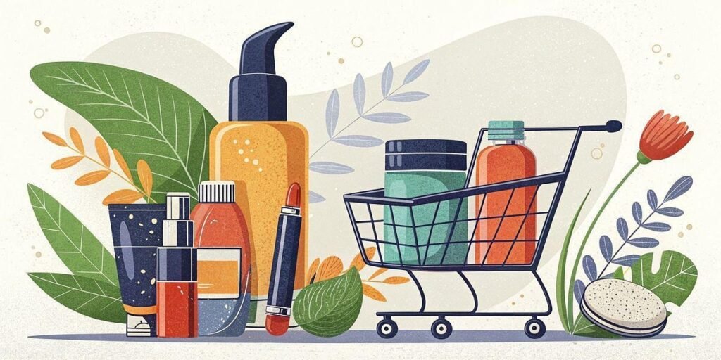 Illustration of a shopping cart next to products on sale