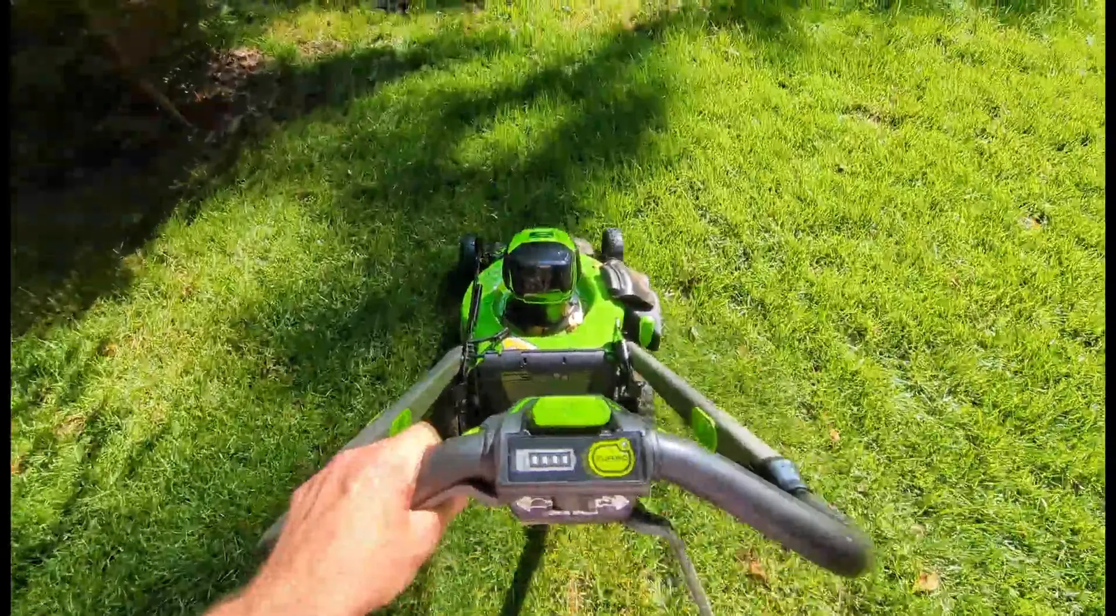 Cutting tall fescue grass with Greenworks mower
