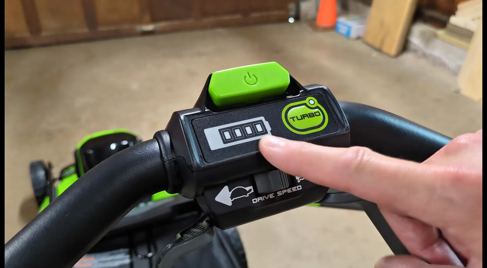 Lawnmower control panel with battery indicator and turbo button