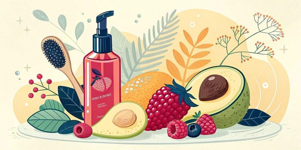 Illustration of personal care products with fresh fruit