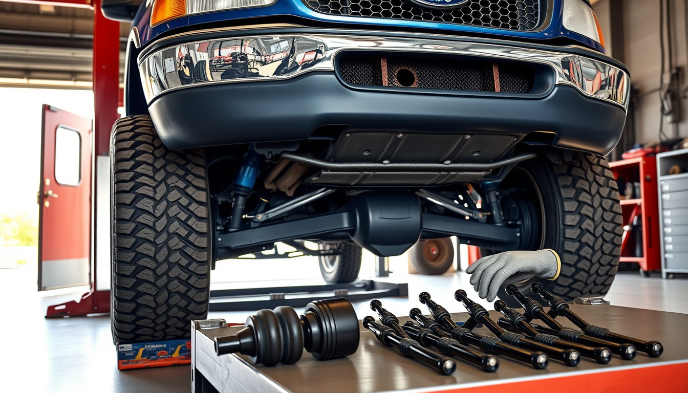 2001 Ford F-150 4x4 on a lift with new shock absorbers ready for installation