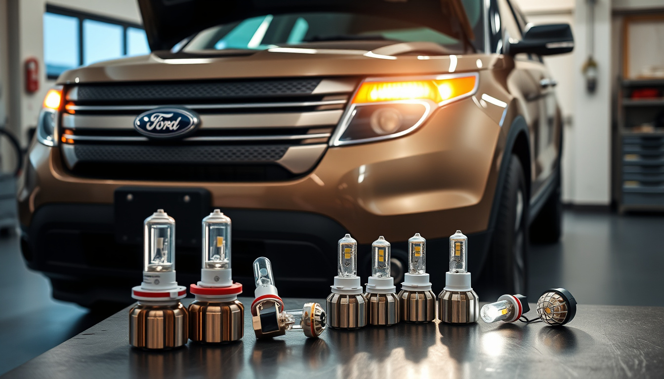 2013 Ford Explorer with illuminated headlight and replacement bulbs on a workbench