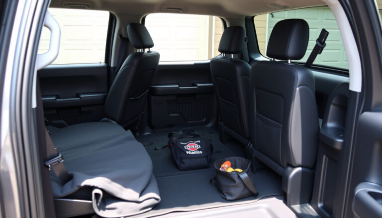 Fitted black seat covers protecting the front and rear seats of a midsize pickup truck interior