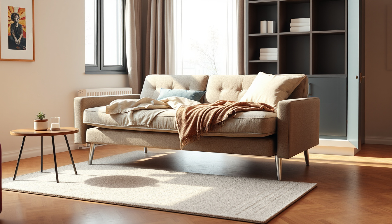 Compact convertible futon sleeper sofa in a small apartment, partly folded into bed mode.
