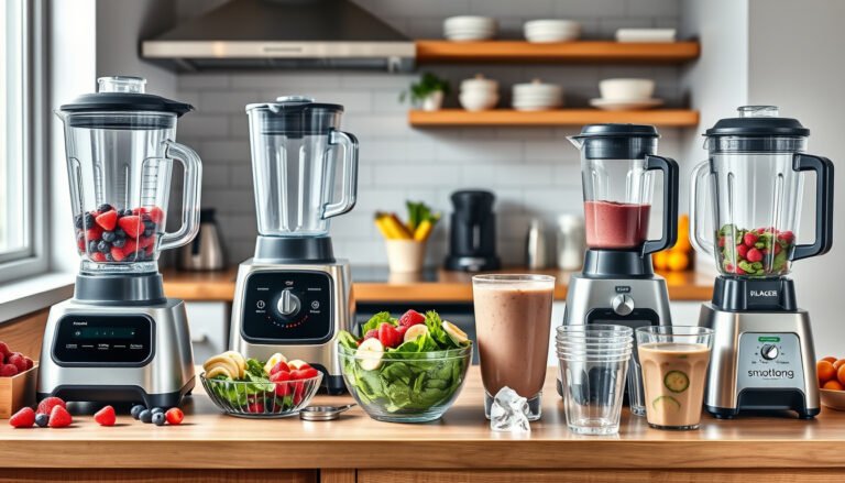 Four countertop blenders on a smoothie business prep counter with fruit, ice, cups, and smoothie bowls.