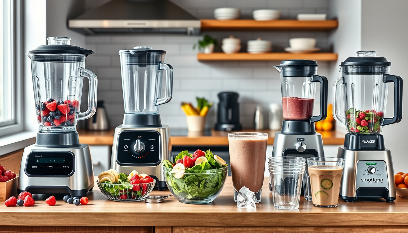 Four countertop blenders on a smoothie business prep counter with fruit, ice, cups, and smoothie bowls.