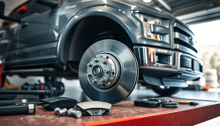 Pickup truck brake repair with new ceramic pads in a clean garage