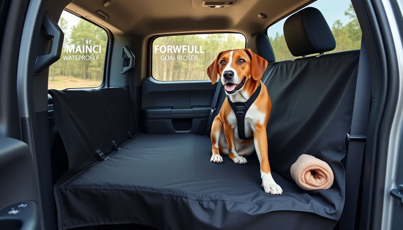 Dog sitting on a protective rear seat cover inside a Ford F150 truck