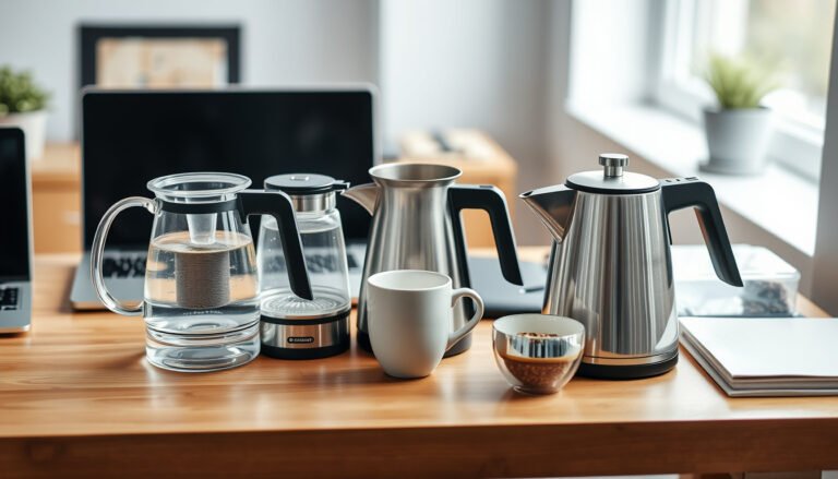 Electric kettles arranged on a home-office desk beverage station with tea and coffee accessories