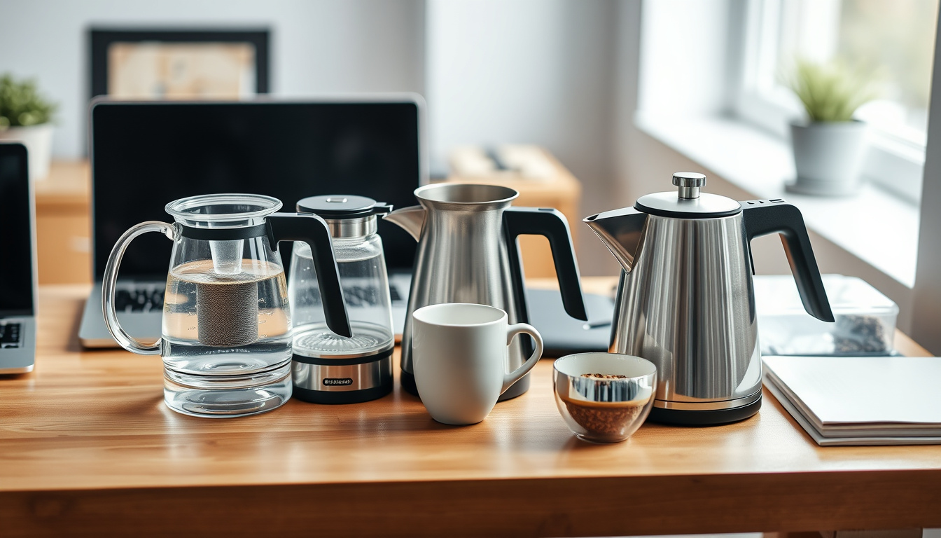 Electric kettles arranged on a home-office desk beverage station with tea and coffee accessories