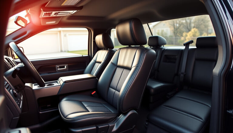 2011 Ford F150 interior with fitted black faux leather seat covers