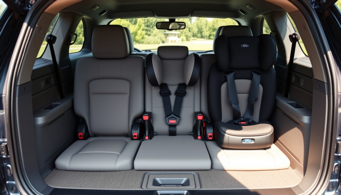 Three convertible car seats installed in the second row of a Ford Explorer SUV.