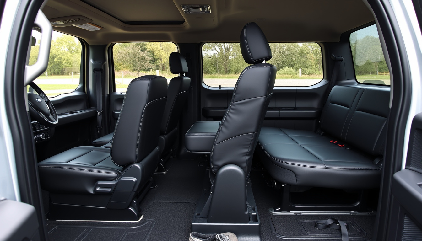 Ford F-150 interior with black faux leather seat covers protecting clean front and rear seats