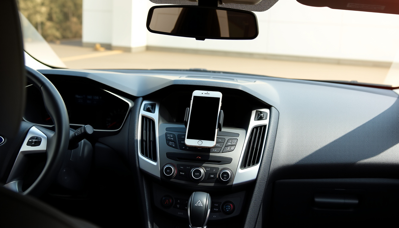 Phone holder mounted neatly on a 2012–2018 Ford Focus dashboard