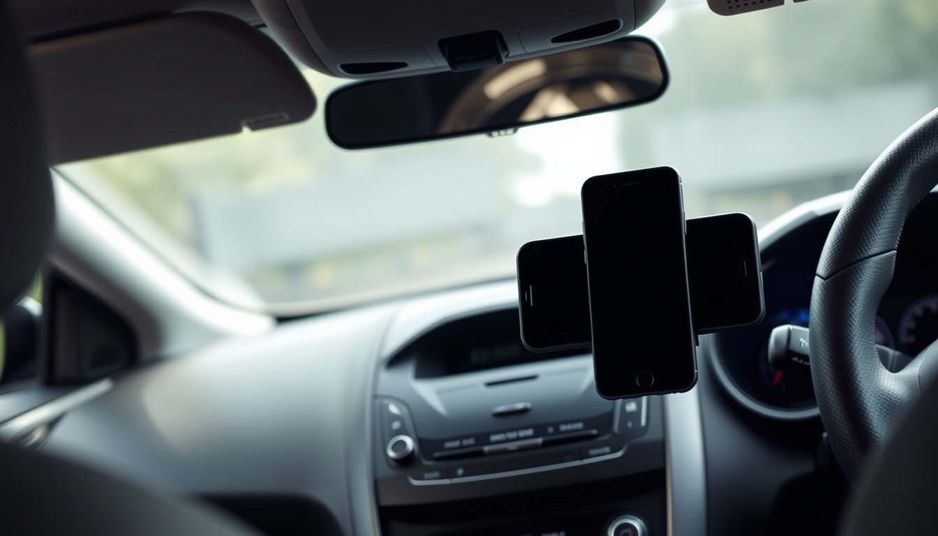 2015 Ford Focus dashboard with a custom phone holder mounted near the center console