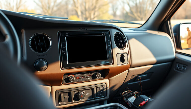 Modern touchscreen stereo installed in a mid-2000s Ford F-150 dashboard