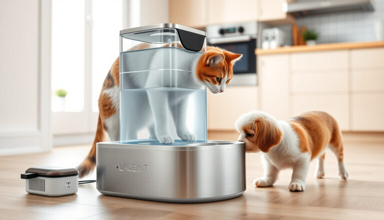 Cat drinking from a modern smart pet water fountain with a small dog nearby in a bright kitchen