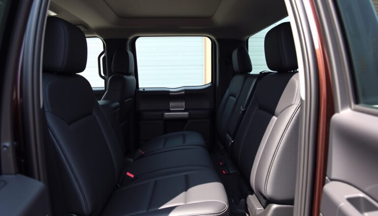 2023 Ford F-150 interior with fitted black faux-leather seat covers on front and rear seats