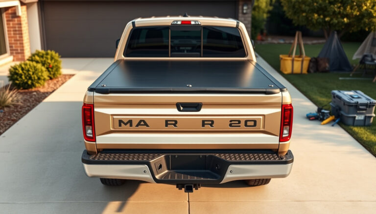Compact pickup with a hard tonneau cover on its short bed in a driveway