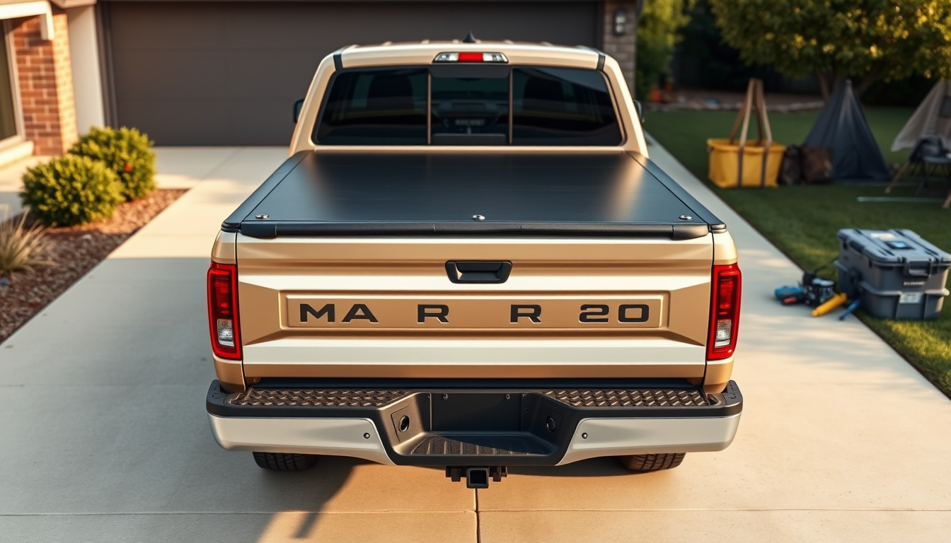 Compact pickup with a hard tonneau cover on its short bed in a driveway