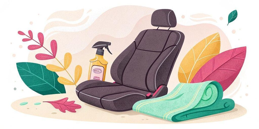 Illustration of car detailing supplies with a car seat, spray bottle and microfiber towel