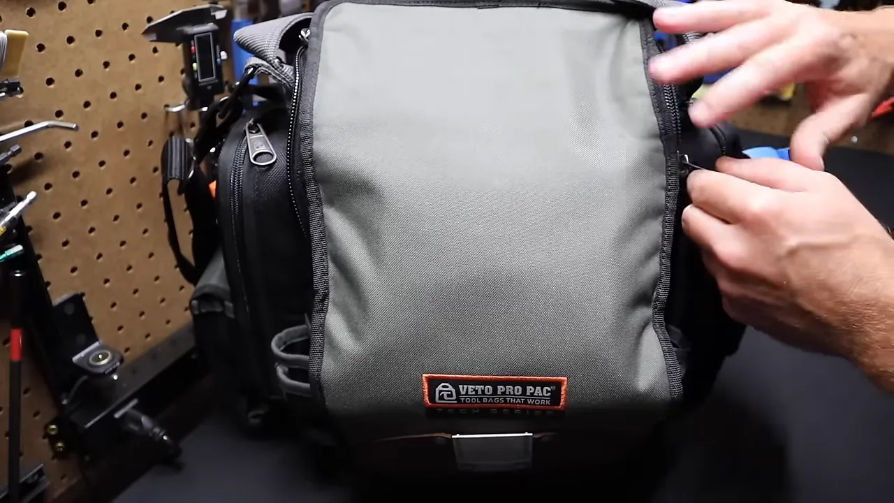 Veto bag open showing organized interior and pockets