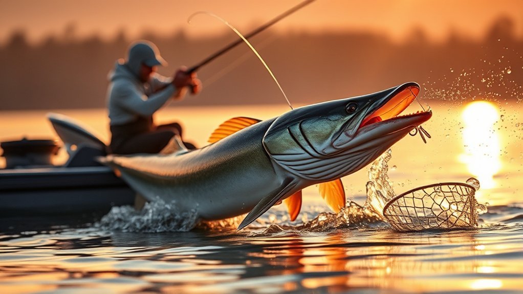 muskie angler setting hooks firmly and preparing for a quick release