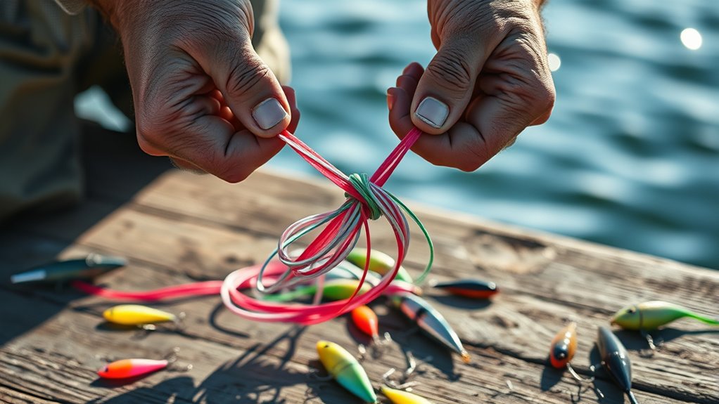 Hands tying a fishing knot with fishing line
