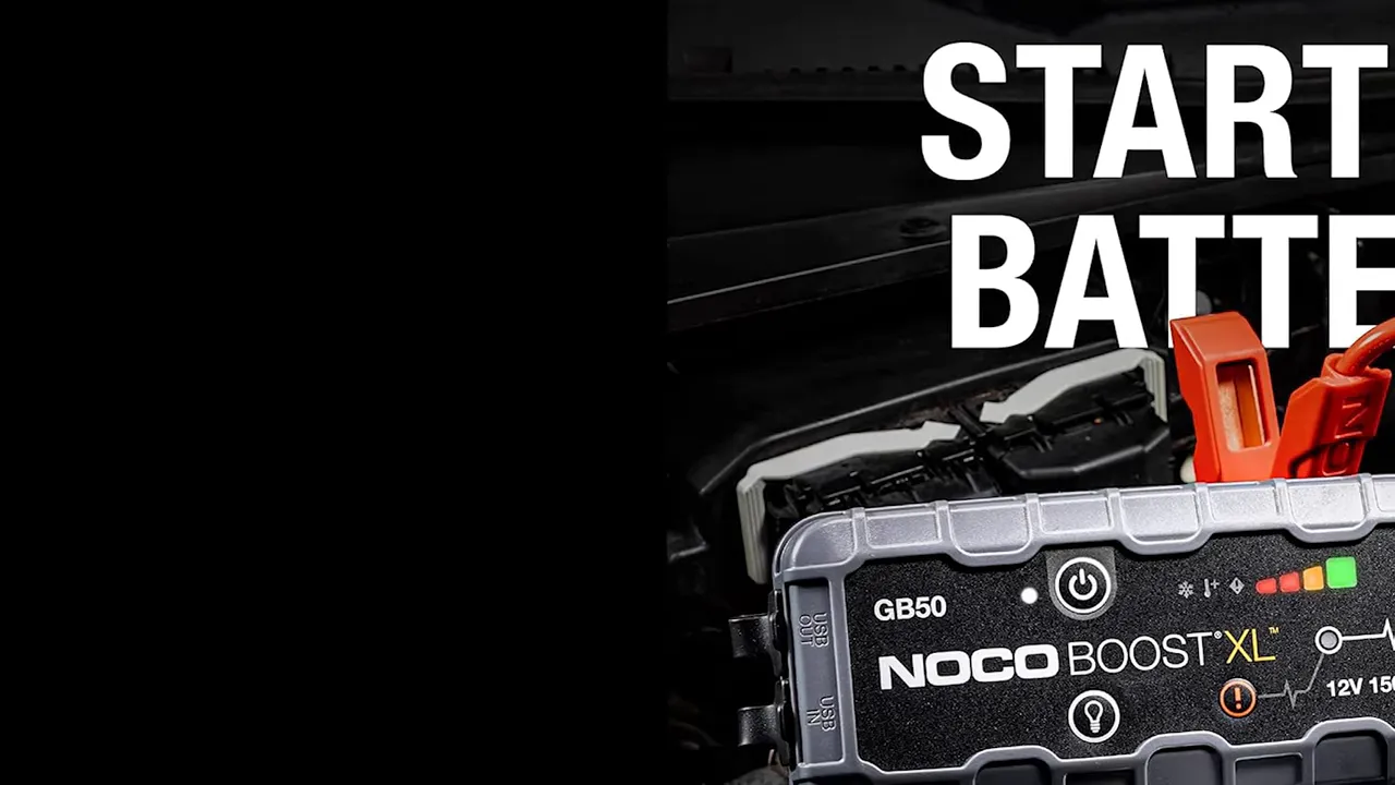 NOCO Boost GB50 shown next to SUV battery for scale