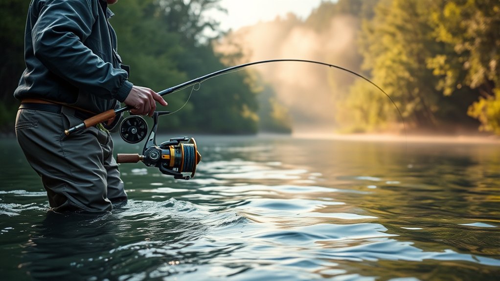 angler using centerpin fishing techniques for steelhead and salmon in moving water