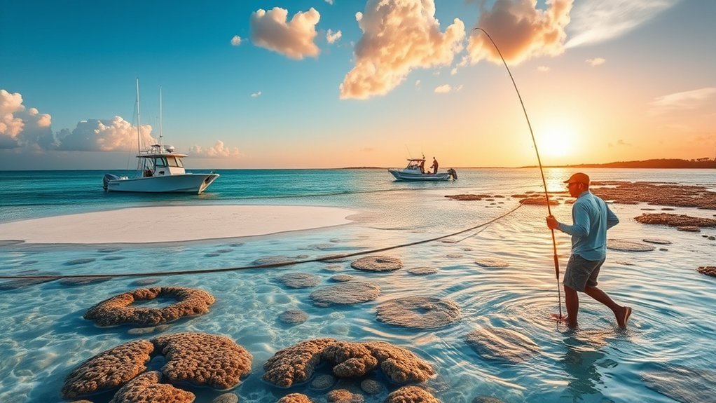 Boat anchored near a reef with an angler casting