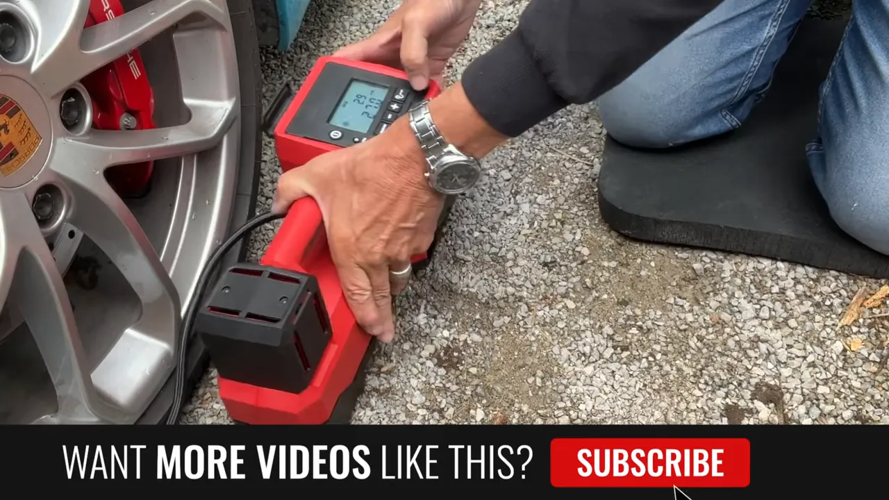 Milwaukee inflator hose and rubber feet in use