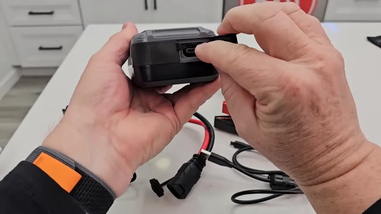 Close-up of USB-C port on the GBX45 showing charging cable