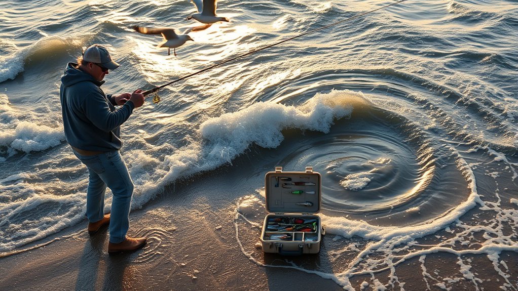 Surf angler casting into an ocean eddy formed by a sandbar