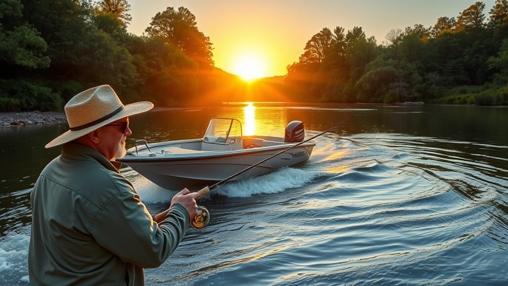 Fishing boat positioned at the edge of a strong river eddy
