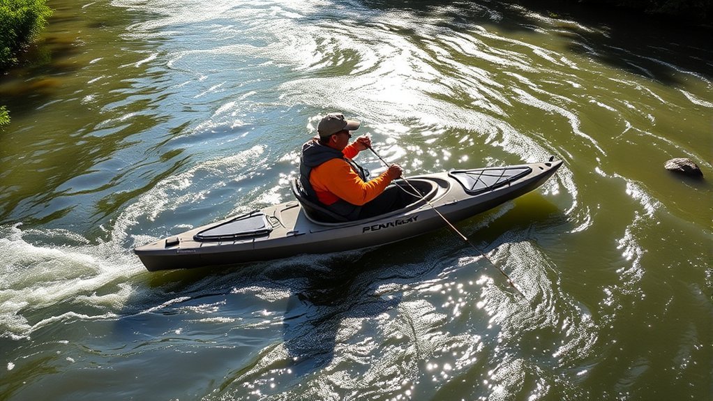 Angler fishing from a kayak in a river eddy
