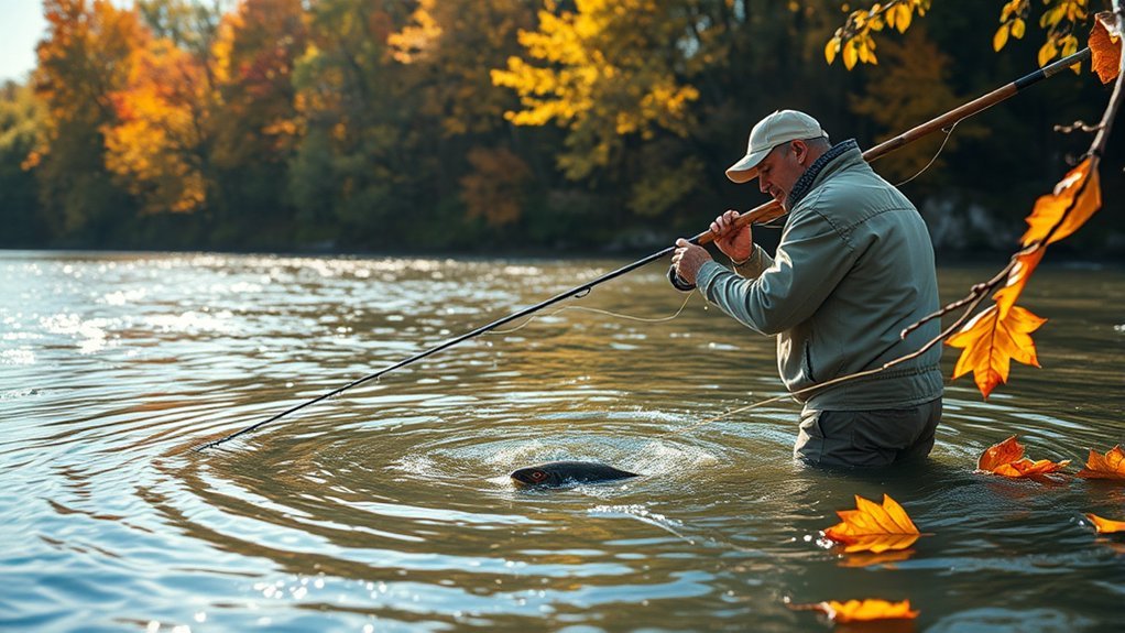 Angler casting a line into a slow moving eddy current