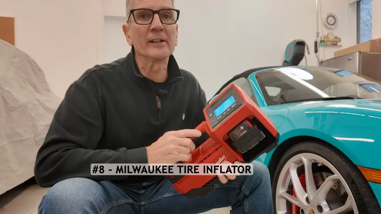 Milwaukee M18 inflator attached to a tire valve