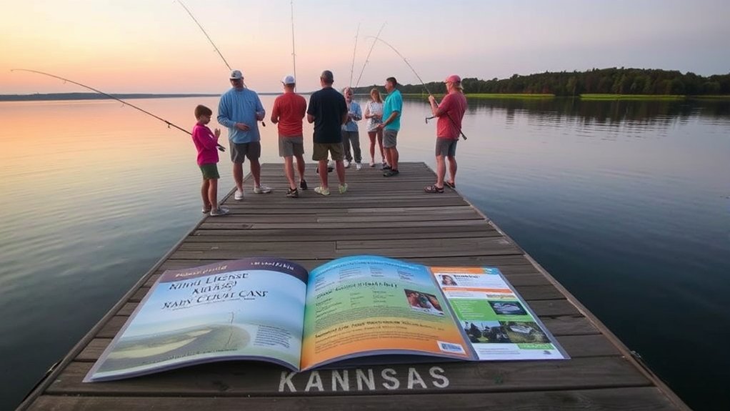 Father and son reviewing Kansas fishing license age requirements before fishing