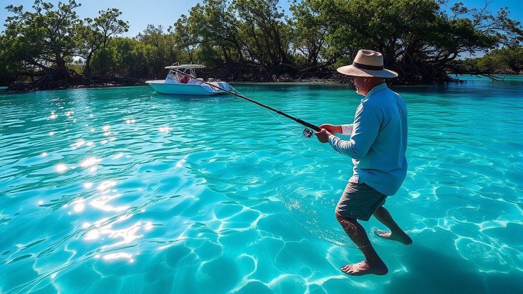 Angler sight-fishing with a quiet cast on a shallow flat
