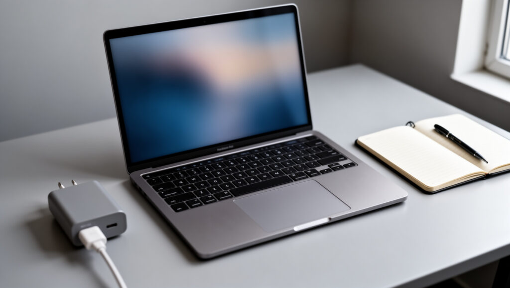 Laptop and charger on a desk before choosing a battery calibration method
